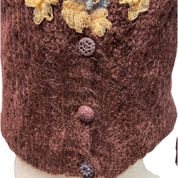 Vintage Free People Antique Lace Seed Pearl Beaded Brown Wool Cropped Cardigan - Picture 3 of 14